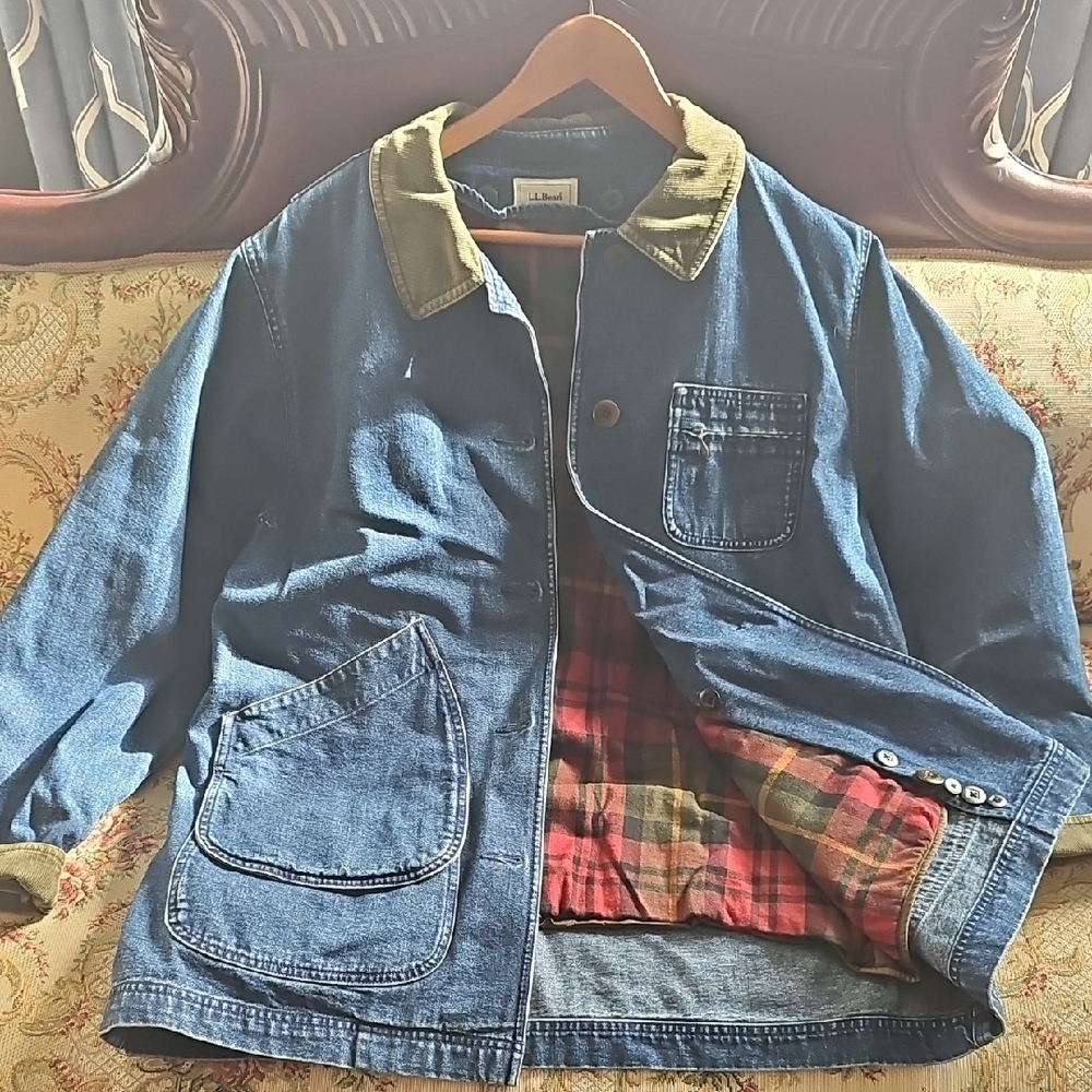 L.L. Bean Blue and Red Jean Jacket with Plaid Lining